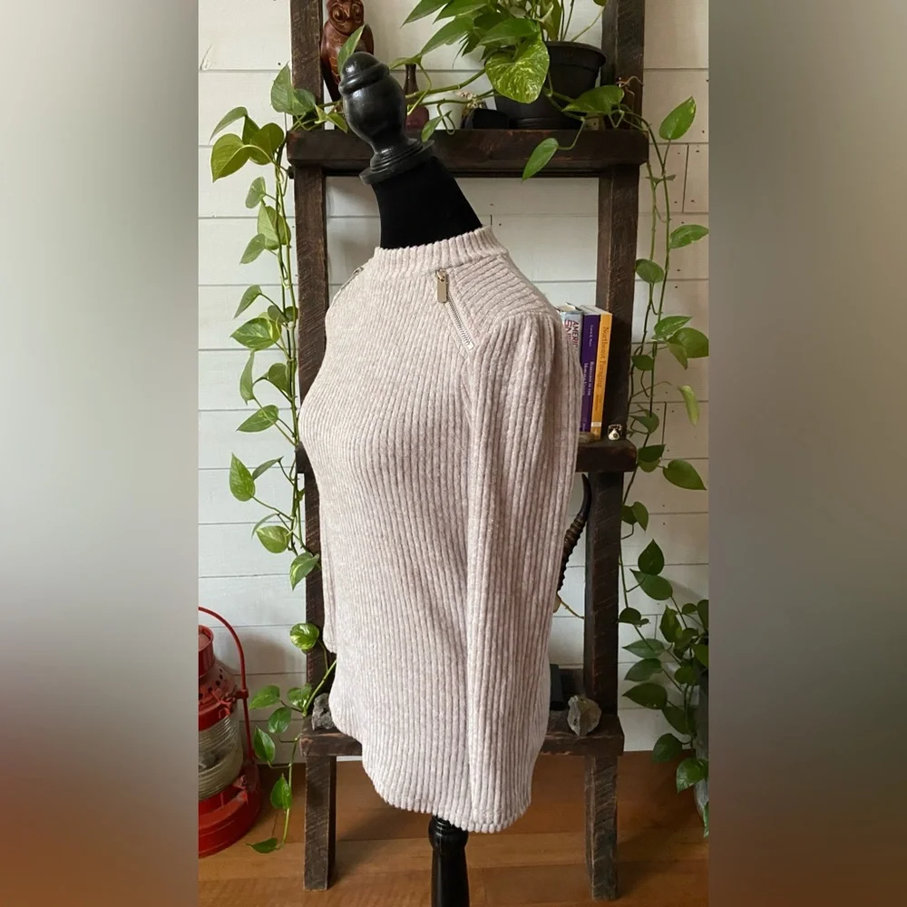 Olivia Blu: Cream Tan Soft Sweater with Zippers at Collar